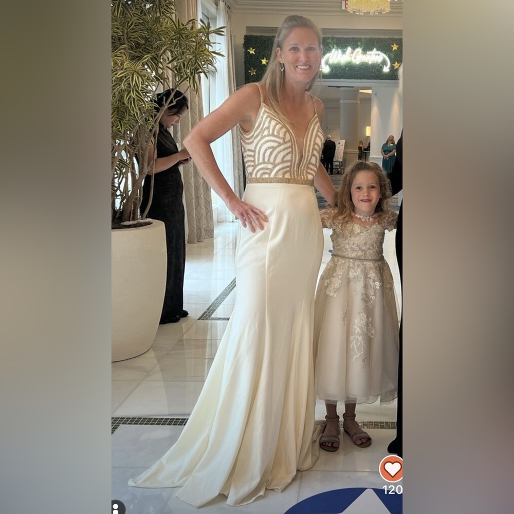 JVN Prom by Jovani White and Gold Gown 8